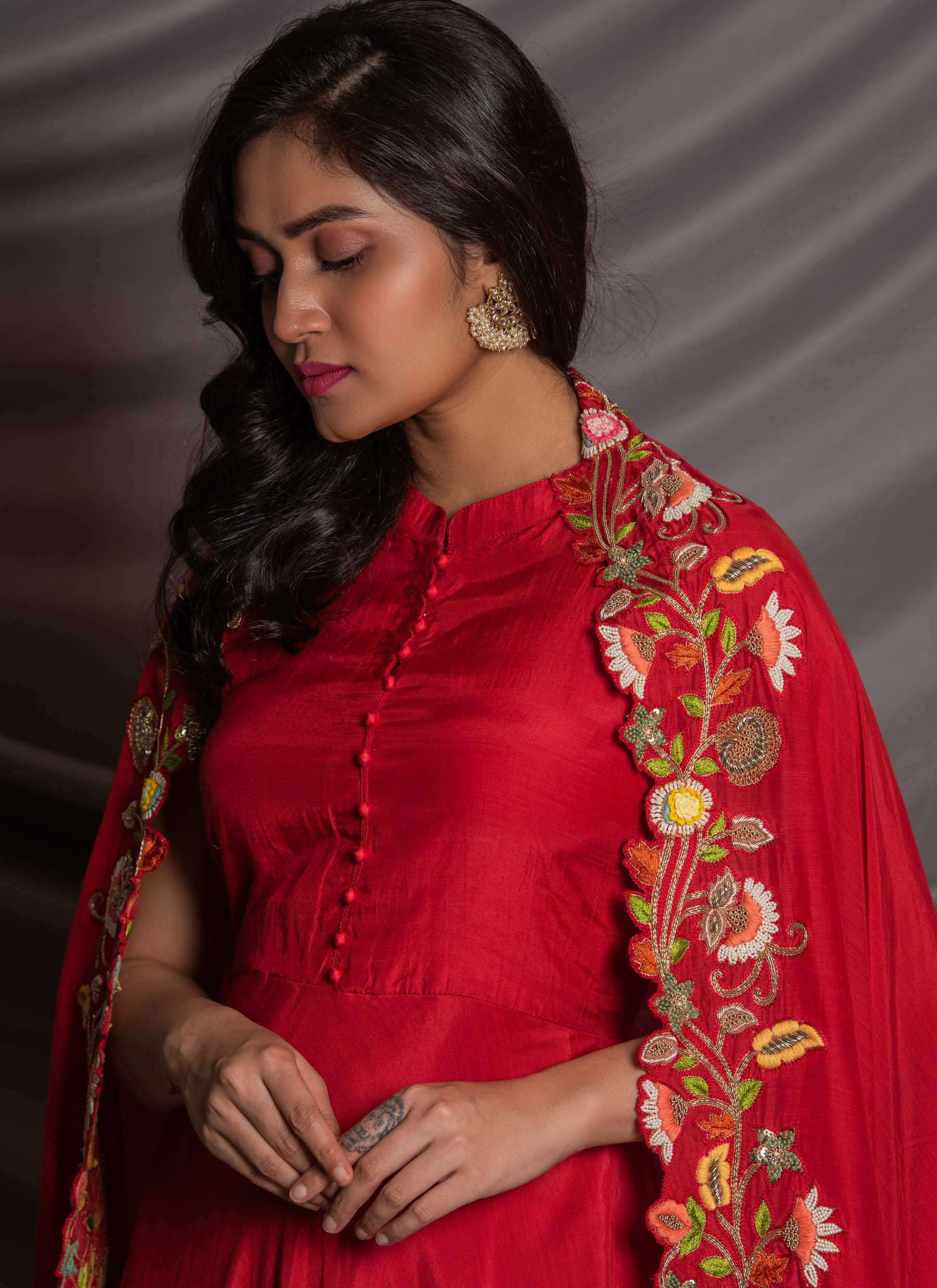 Buy Coral Georgette High Neck Embellished Anarkali Gown With Dupatta For  Women by Shloka Khialani Online at Aza Fashions.
